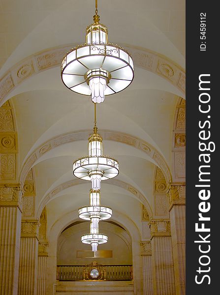 Canada Permanent Building. Circular chandeliers are replicas restored in 2001. Canada Permanent Building. Circular chandeliers are replicas restored in 2001