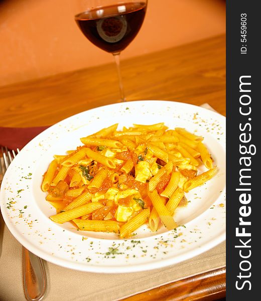 Penne masara with mozzarella cheese and tomato sauce