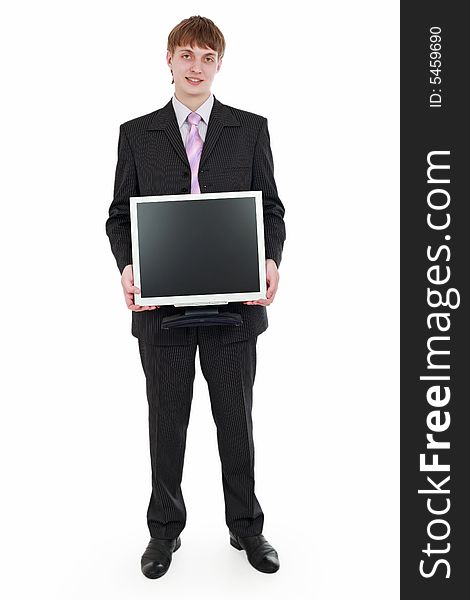 A portrait of a businessman with monitor. Shot in studio. A portrait of a businessman with monitor. Shot in studio.