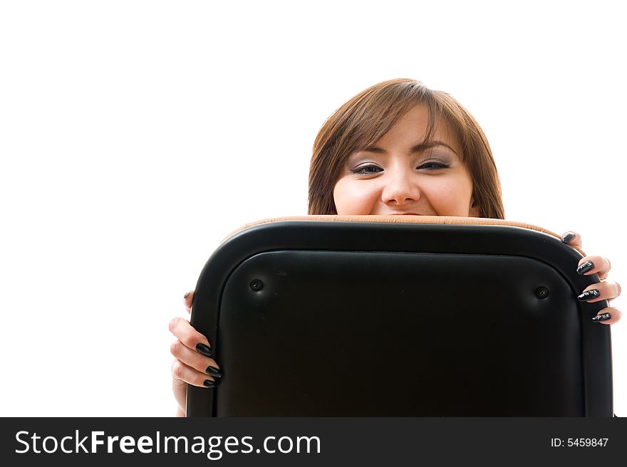 Close-up cheerful young japanese girl sitting in armchair. isolated over white