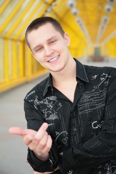 Smiling Boy In Black Shirt Makes Gesture Stock Photos Smiling Boy In Black Shirt Makes Gesture Stock Photos
