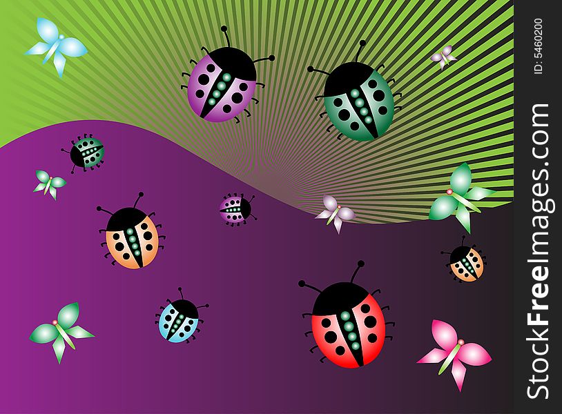 Abstract background with sunbeams, colored ladybirds and butterflies