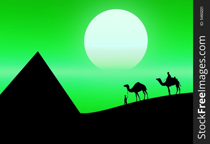 Hot landscape as this desert sunset with camels on the background