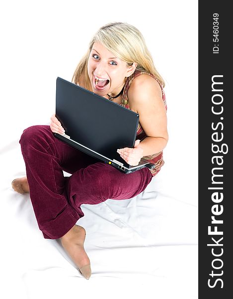 Beautiful girl smile with laptop on white background