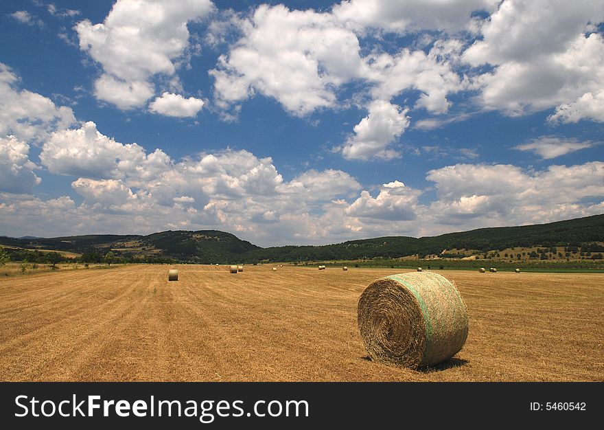 Hay bale with beautiful blue sky, Bulgaria