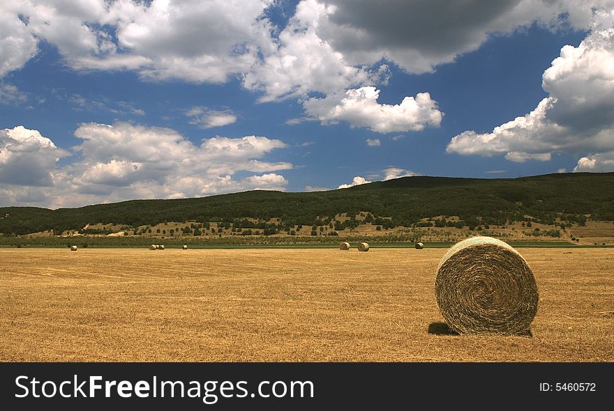 Hay bale with beautiful blue sky, Bulgaria