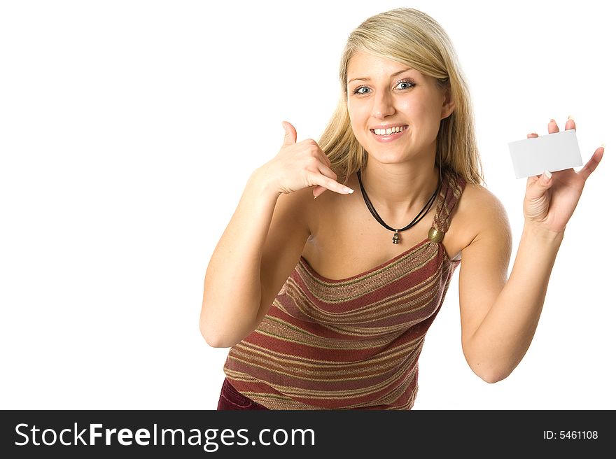 Girl Holding A White Card.