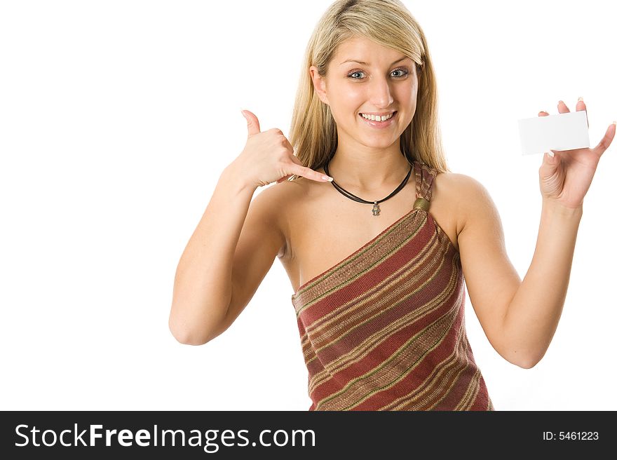 Portrait of a beautiful blonde girl holding a white card. Isolated on white background