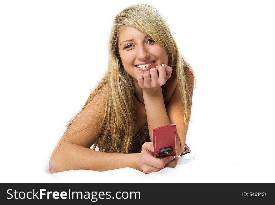 Young business woman lying on floor and talking by phone. Young business woman lying on floor and talking by phone.