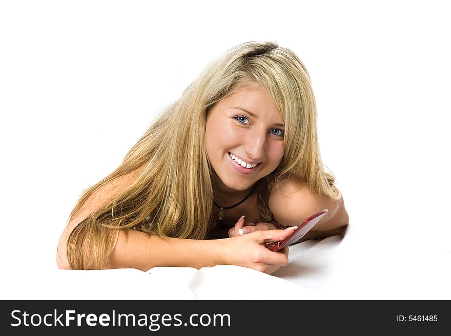 Young business woman lying on floor and talking by phone. Young business woman lying on floor and talking by phone.