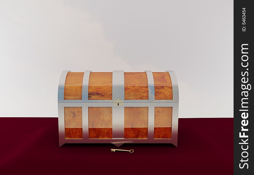 Chest filled by precious coins, 3D render. Chest filled by precious coins, 3D render