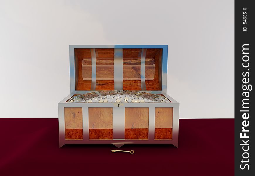 Chest filled by precious coins, 3D render. Chest filled by precious coins, 3D render