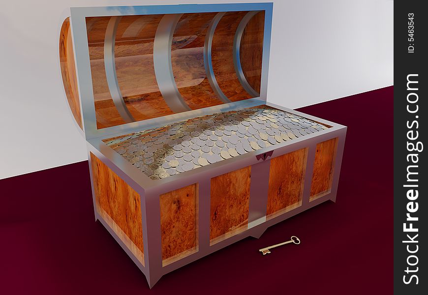 Chest filled by precious coins, 3D render. Chest filled by precious coins, 3D render