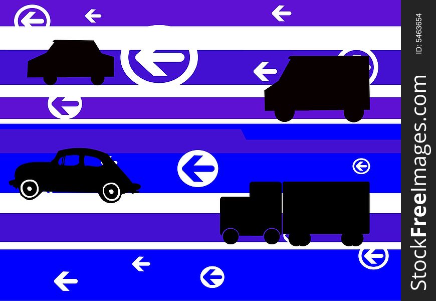 Vehicles moving around on striped background. Vehicles moving around on striped background