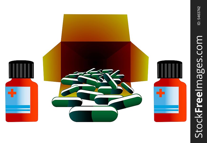 Medicine box and syrup on isolated background