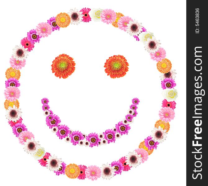 Smiley made from colorful flowers on white background. Smiley made from colorful flowers on white background