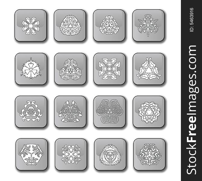 A selection of sixteen different Symmetrical snowflakes over a glossy button/icon. Fully scalable vector illustration. A selection of sixteen different Symmetrical snowflakes over a glossy button/icon. Fully scalable vector illustration.