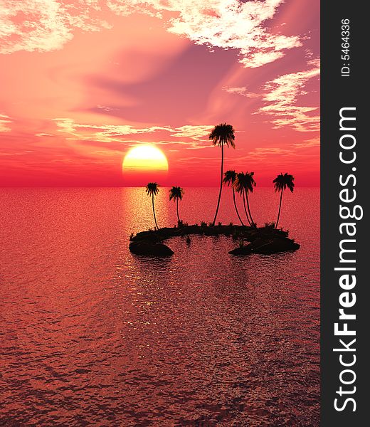 Sunset coconut palm trees on small island - 3d illustration.