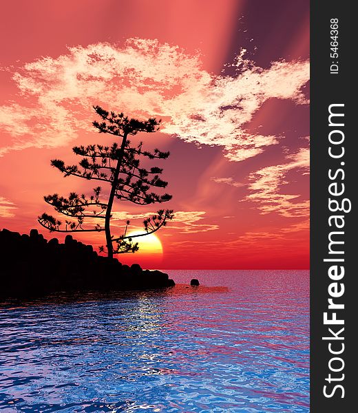 Pine tree at sea coast - 3d illustration.