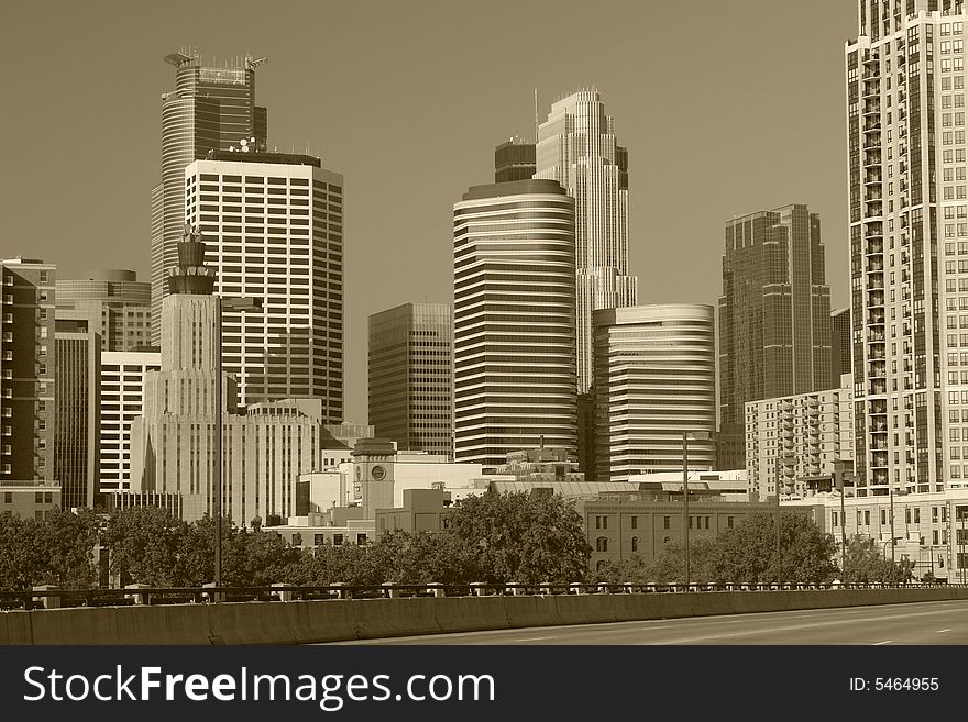 A picture of downtown business towers in Minneapolis. A picture of downtown business towers in Minneapolis