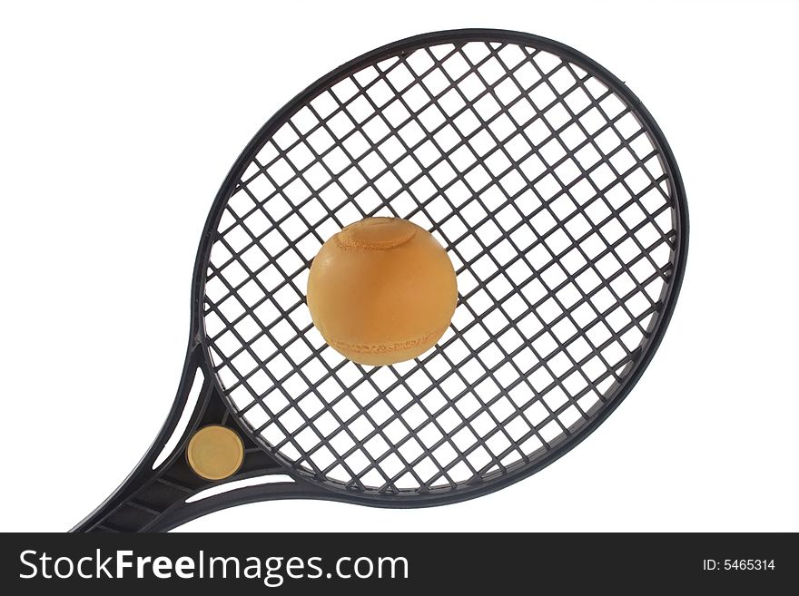Tennis Racket with yellow ball on white background. Tennis Racket with yellow ball on white background