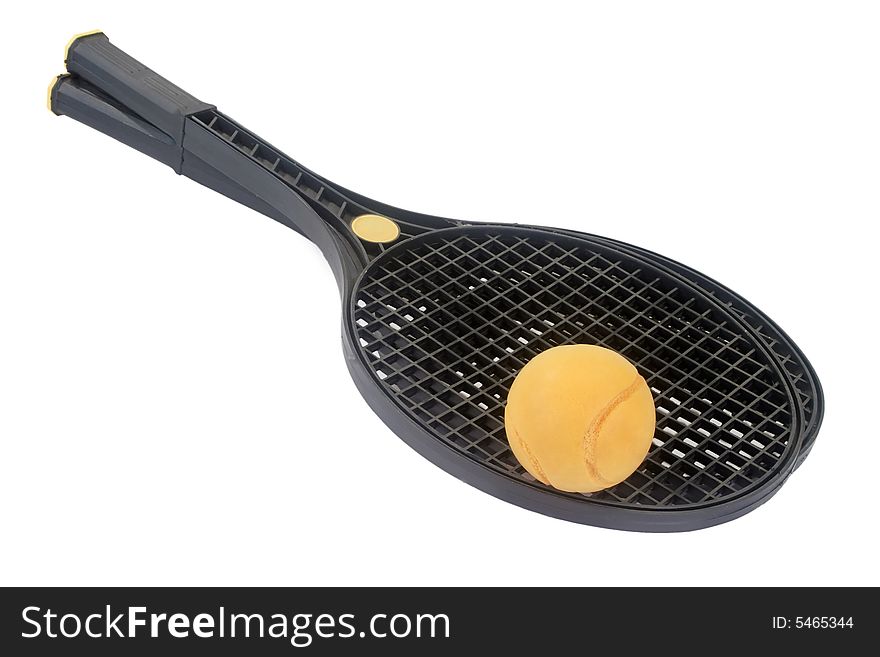 Tennis Racket with yellow ball on white background