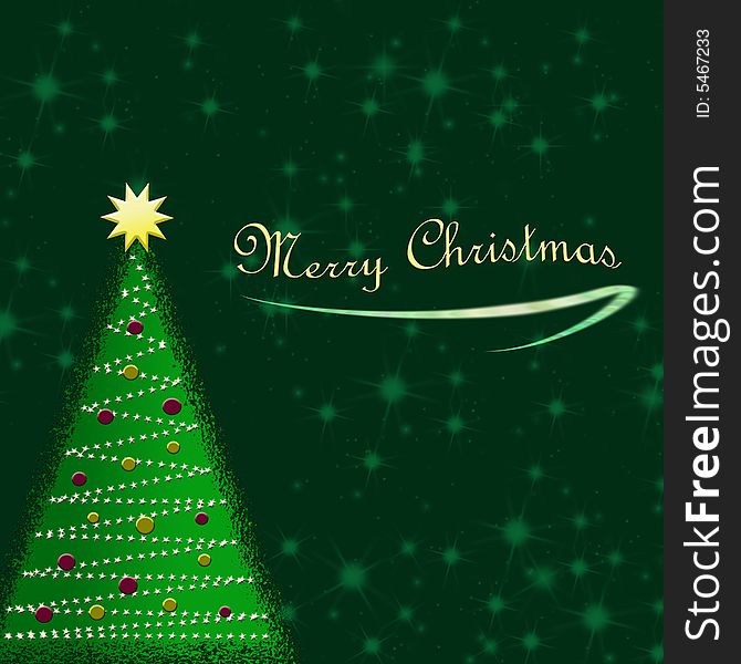 Christmas Illustration with abstract Christmas Tree of Stars and ornaments and a green abstract starry background. Type has gold letting. Christmas Illustration with abstract Christmas Tree of Stars and ornaments and a green abstract starry background. Type has gold letting.