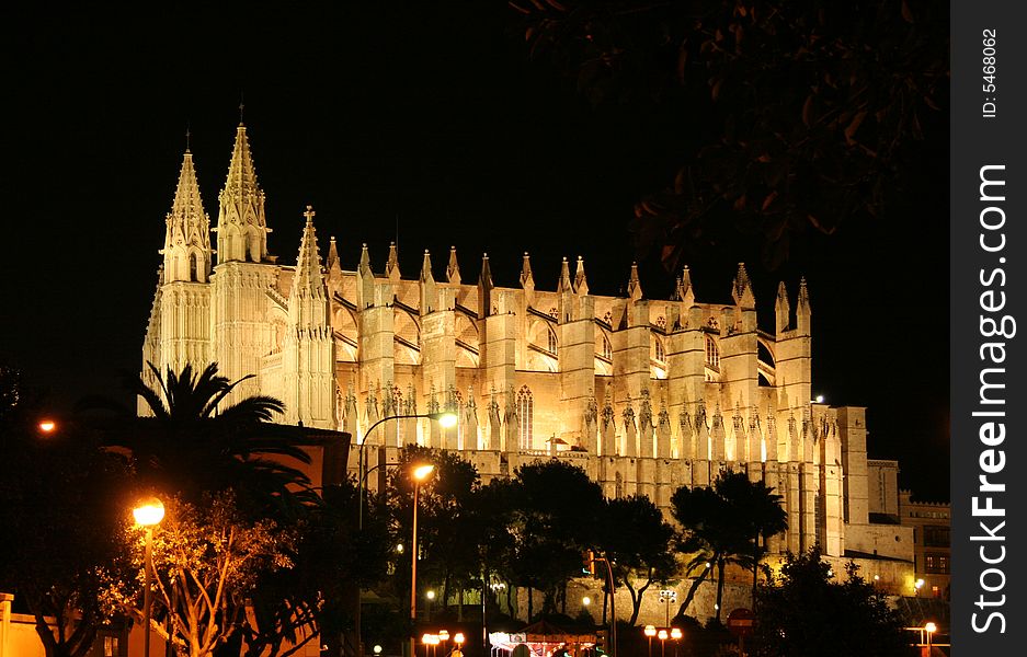 Gothic church, Cathedral of Palma at night. Gothic church, Cathedral of Palma at night