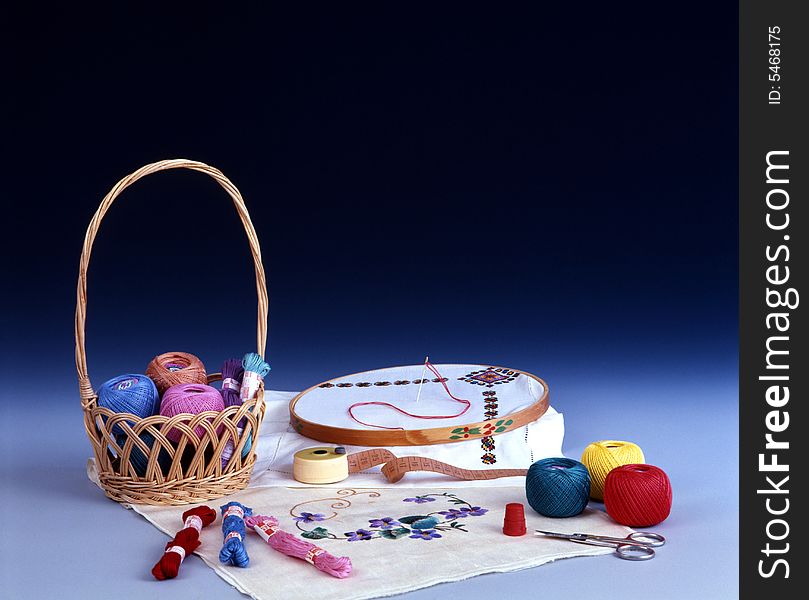 Basket with yarn. National ukrainian embroidery handmade. Basket with yarn. National ukrainian embroidery handmade