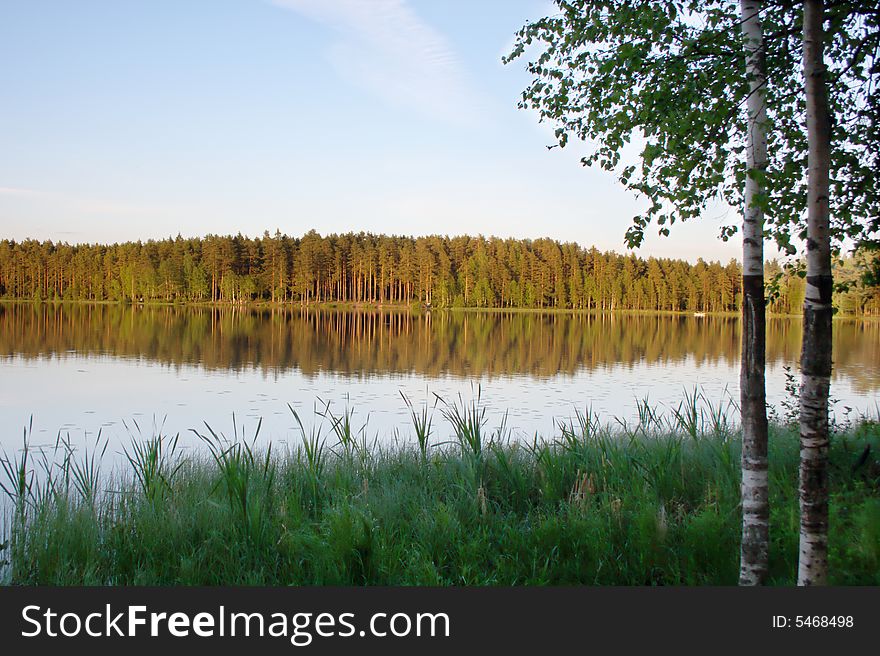 Evening lake, pine-tree forest reflects on the water surface. Evening lake, pine-tree forest reflects on the water surface