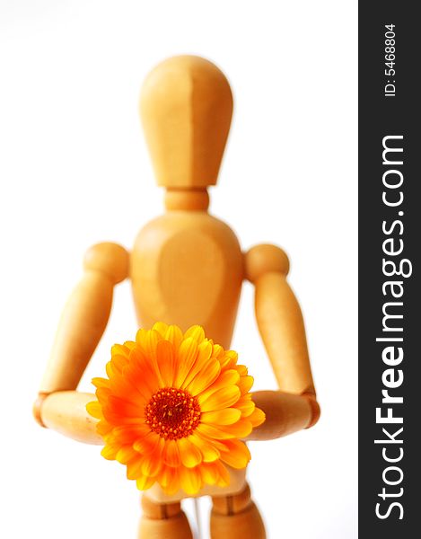 Wooden puppet with flower isolated on white, holding flower. Wooden puppet with flower isolated on white, holding flower