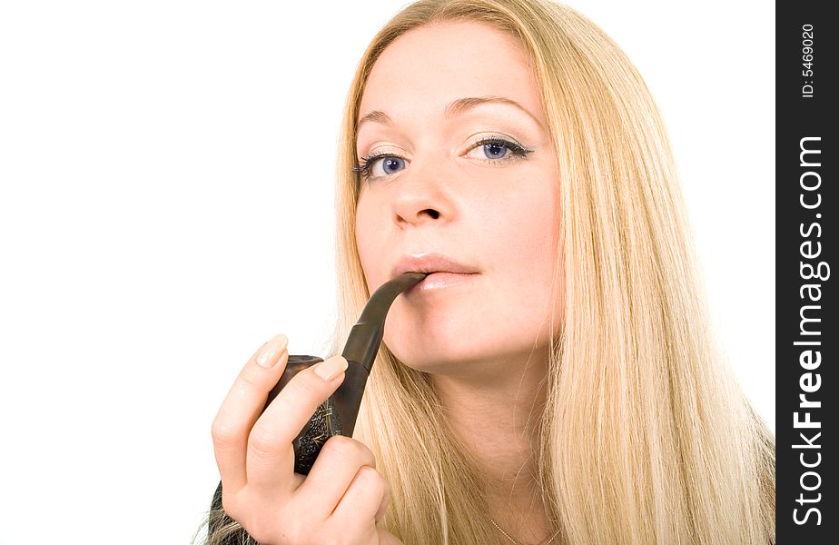 Portrait of the beautiful blond woman with tobacco-pipe