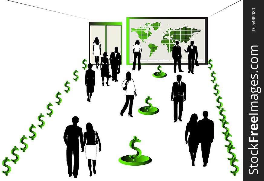 Illustration of business people, map and dollar