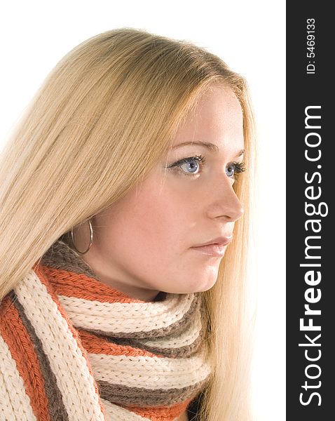 Blond woman in a scarf on white.Close up