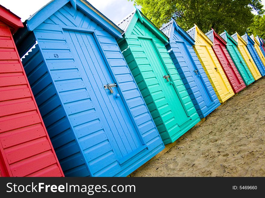 Colourful wooden british beach huts