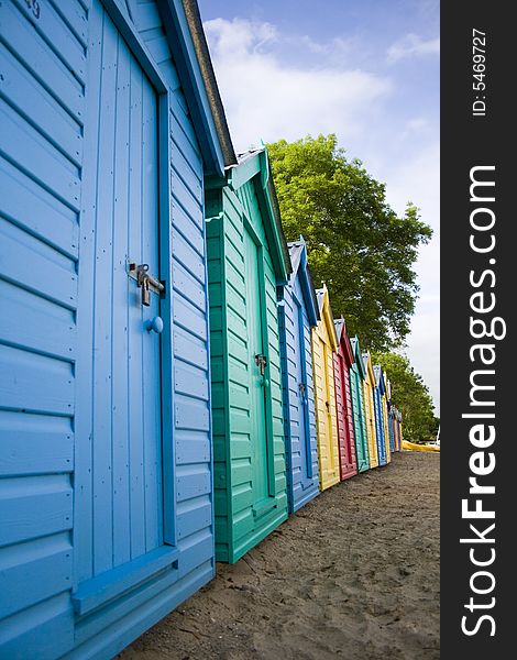 Colourful wooden british beach huts