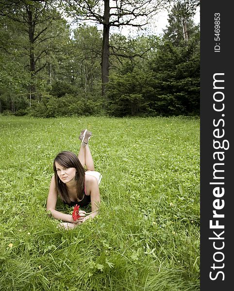 Smiling Woman Relaxes On The Grass