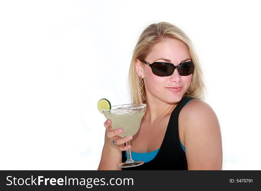 Pretty young blonde woman with sunglasses and margarita. Pretty young blonde woman with sunglasses and margarita.