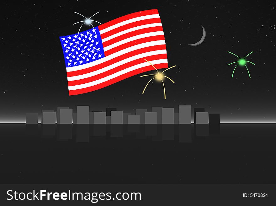 American flag over city scape with star bursts and moon. American flag over city scape with star bursts and moon