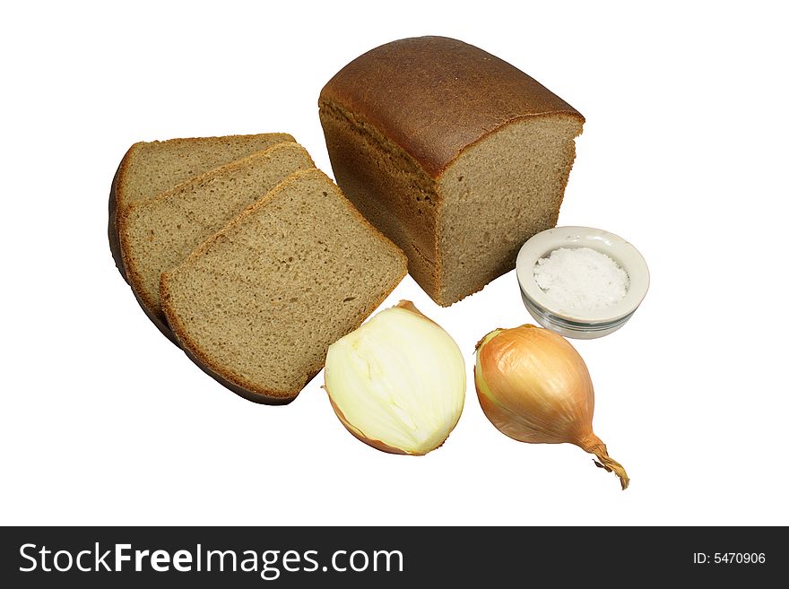 Rye bread with a napiform crude onions and salt in a saltcellar on a white background. Rye bread with a napiform crude onions and salt in a saltcellar on a white background.