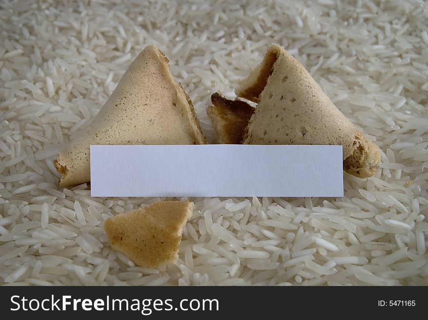 Fortune cookie on a rice bed