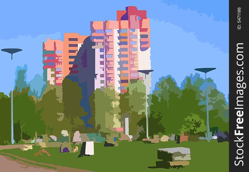 Illustration of a building and green grass