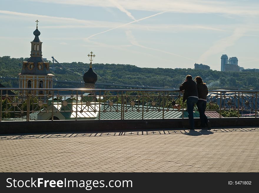 Couple looking at the city, Moscow, Russia