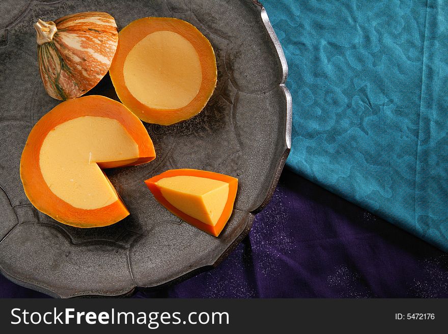 Pumpkin stuffed with custard sauce and then baked, influenced by Franch. Pumpkin stuffed with custard sauce and then baked, influenced by Franch