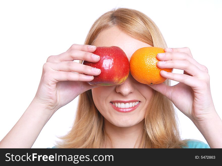 The girl with  fruit on a white background. The girl with  fruit on a white background