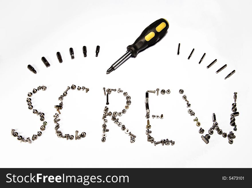 Abstract group of screws and screwdriver on white background