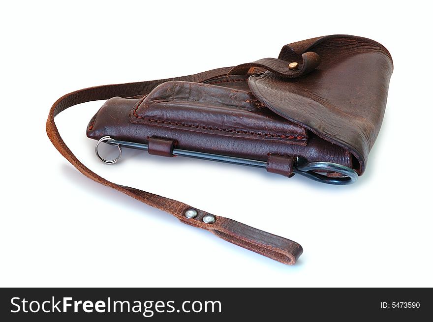 Old brown leather military holster on overwhite background. Old brown leather military holster on overwhite background.