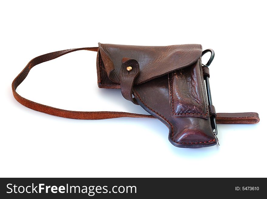 Old brown leather military holster on overwhite background. Old brown leather military holster on overwhite background.