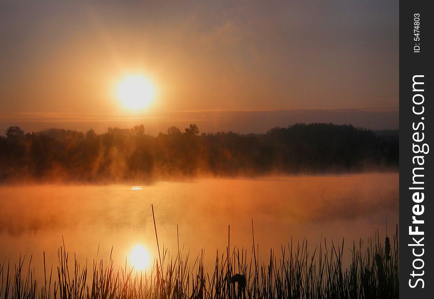 Beautiful morning dawn with fog above a lake. Beautiful morning dawn with fog above a lake