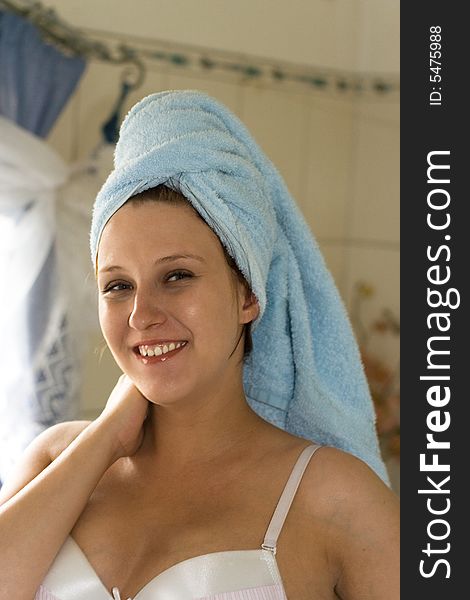 Woman with towel on head. Woman with towel on head